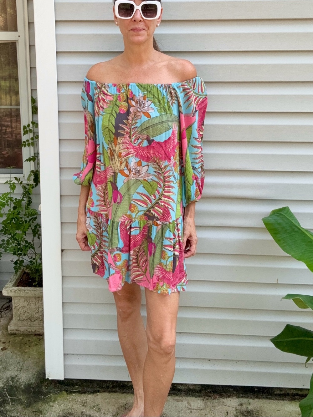 RACHEL Rachel Roy Tropical Print Long Sleeve Maxi Dress in Blue, Pink and Green
